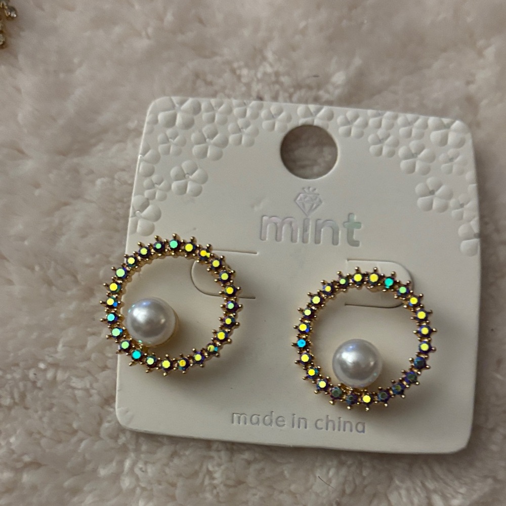 Gold-Tone Crystal Circle Earrings with Pearl Accent